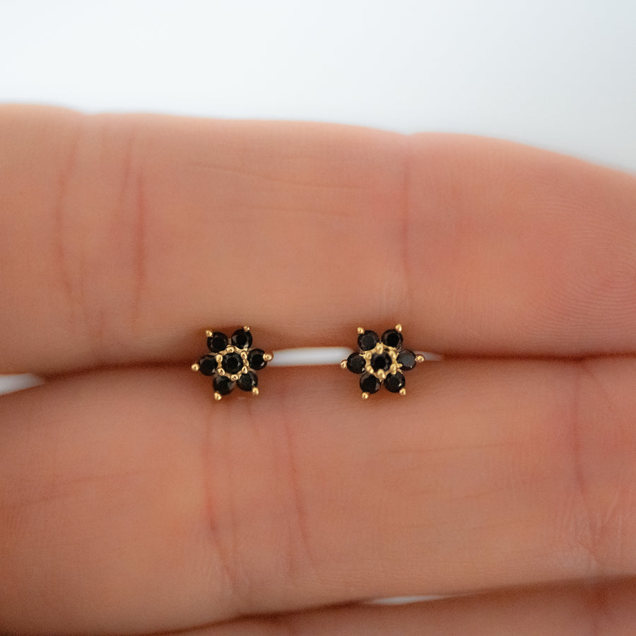gold black flower stud earrings