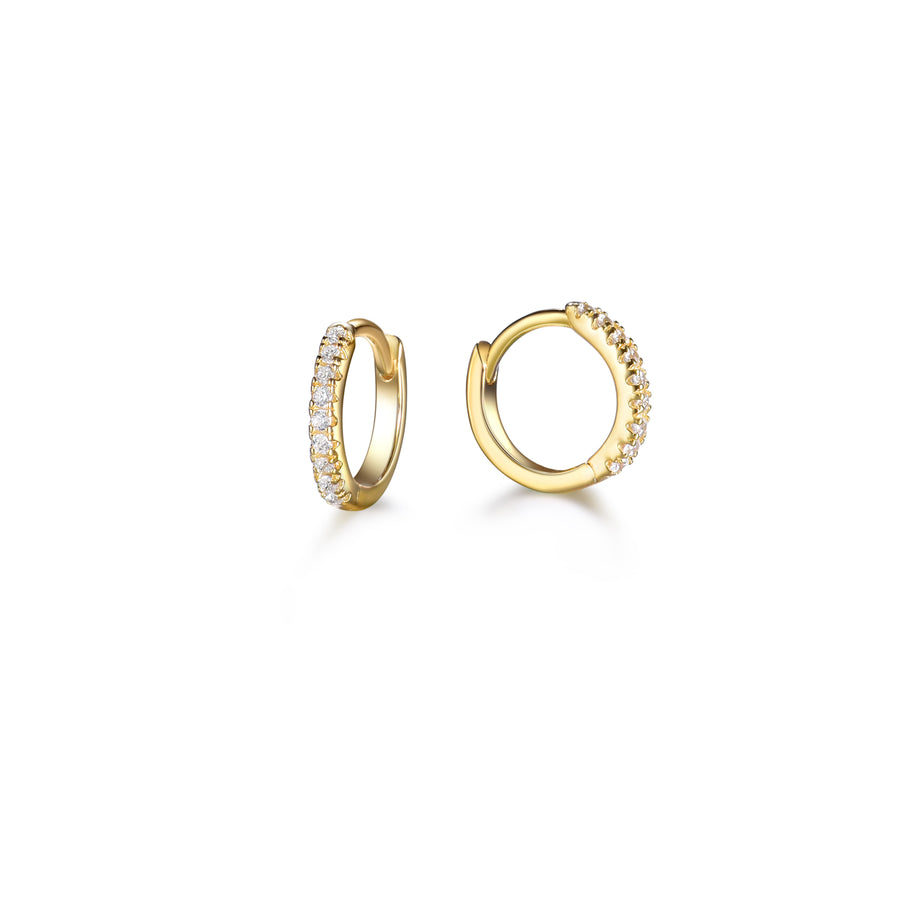 a pair of gold, pave cubic zirconia, small hoop earrings made of sterling silver plated 14k gold