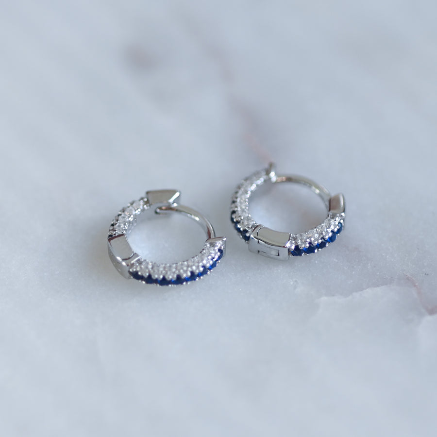 silver sapphire diamond small hoop earrings