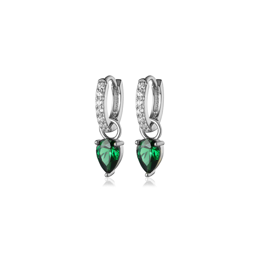 silver removable emerald tear drop charm pave huggie hoop earrings