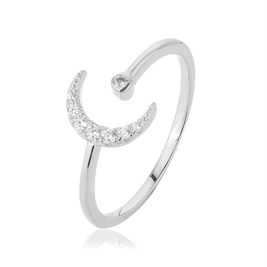 silver diamond moon ring