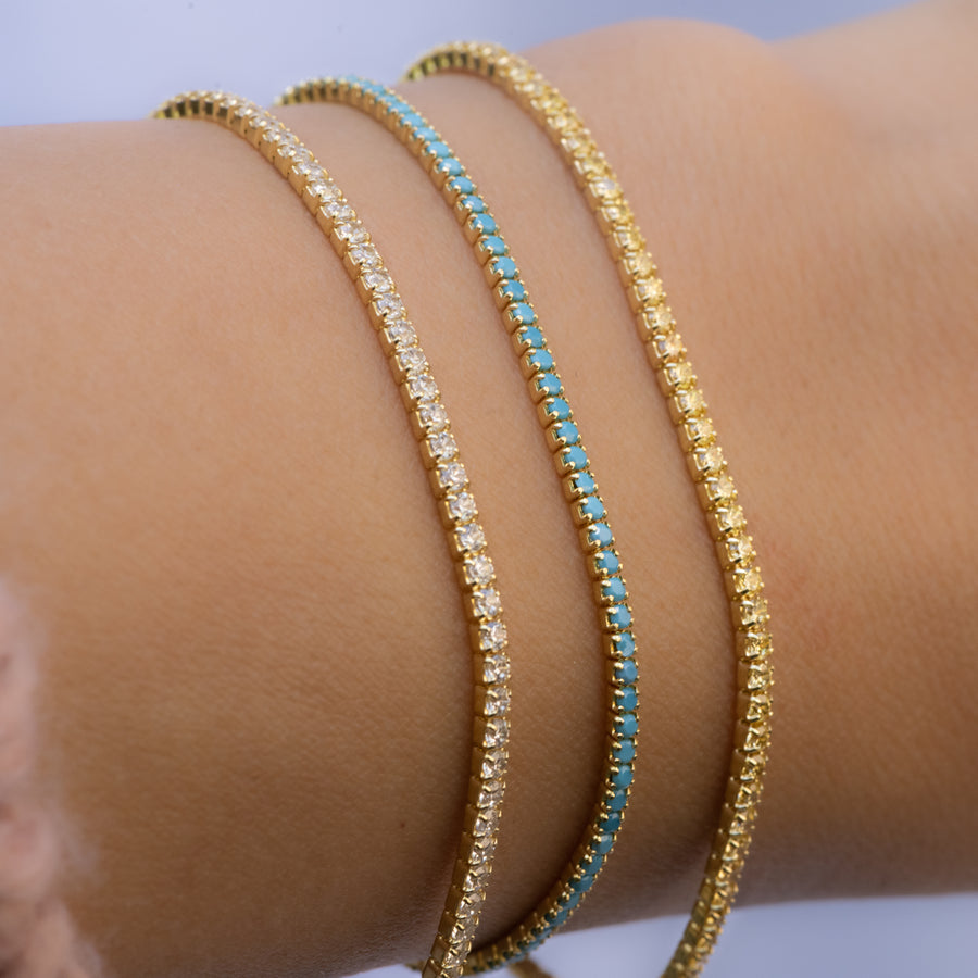 gold yellow, turquoise, and cz stone stacking tennis bracelets