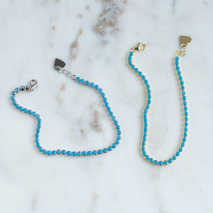 gold and silver dainty subtle turquoise blue tennis bracelets