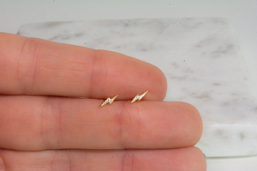 cz diamond gold lightning bolt studs earrings minimalistic