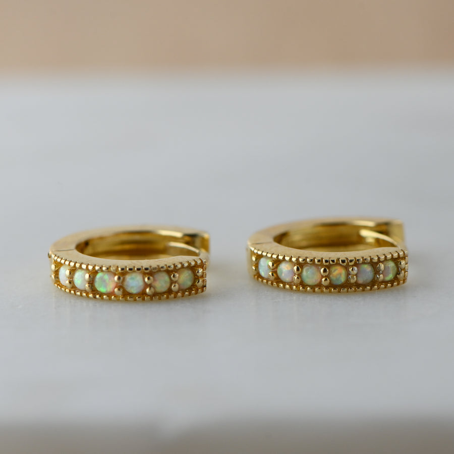 gold opal huggie hoop earrings