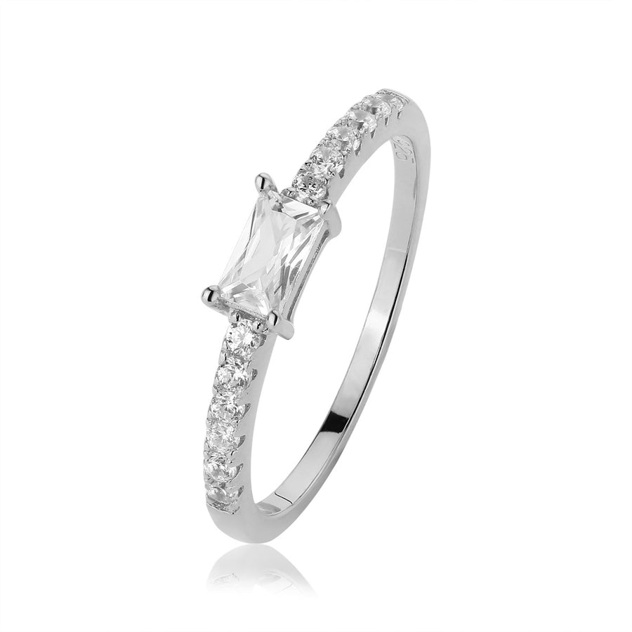 silver emerald cut baguette diamond ring