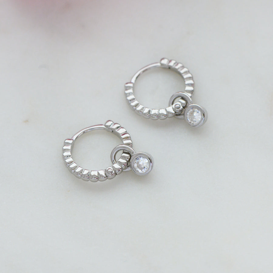 silver beaded charm huggie hoop earring