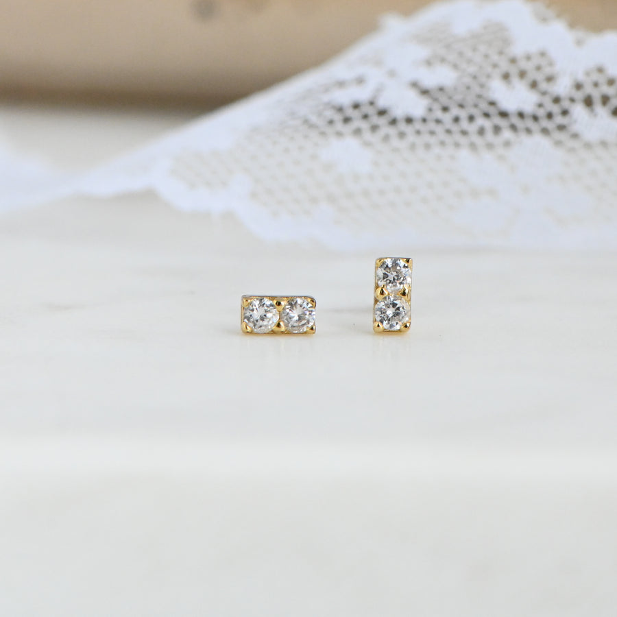 2 stone diamond cz bar stud dainty minimalistic earring