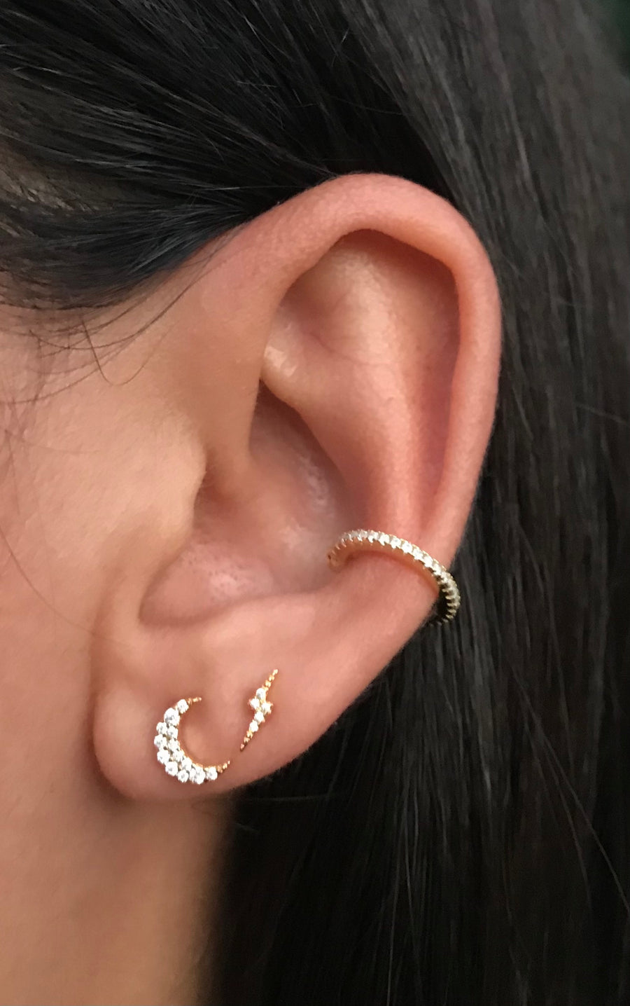 gold moon lighting bolt stud earrings