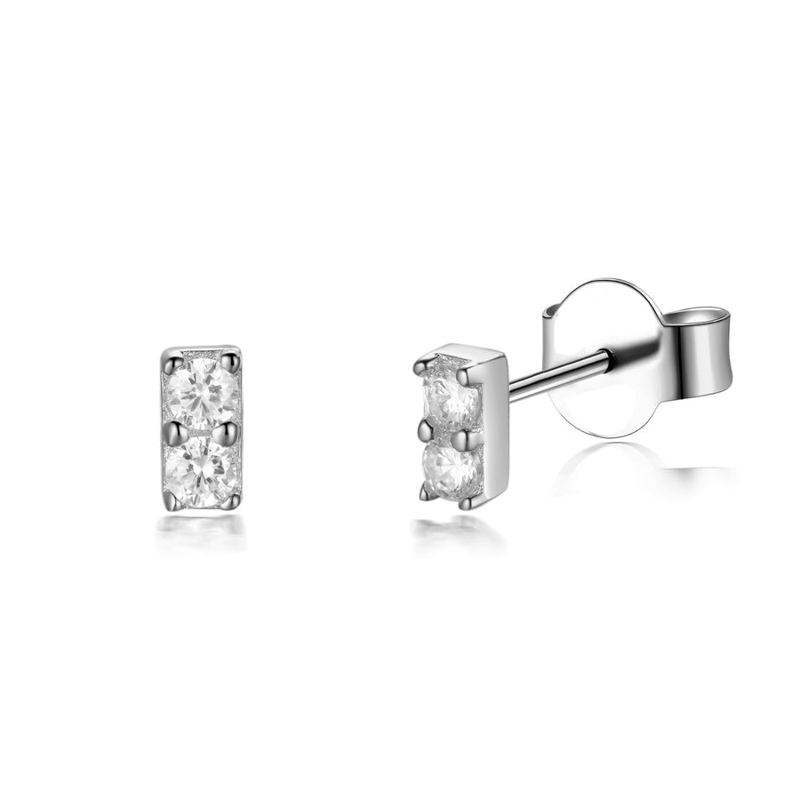 2 stone silver diamond bar stud dainty earring