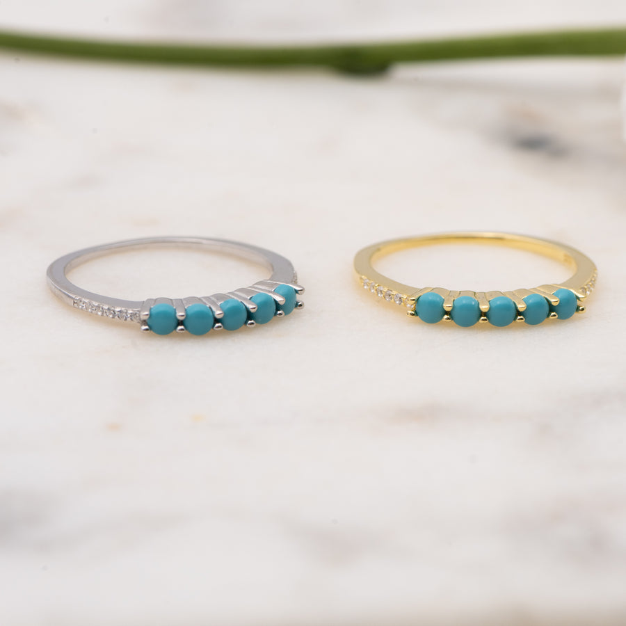 dainty five stone gold and silver turquoise rings