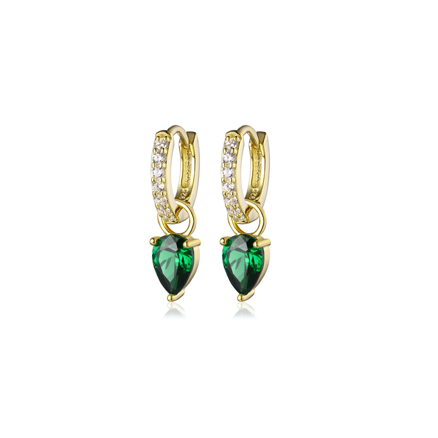 emerald tear drop charm huggie hoop earrings