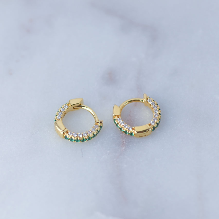 gold diamond emerald huggie hoops