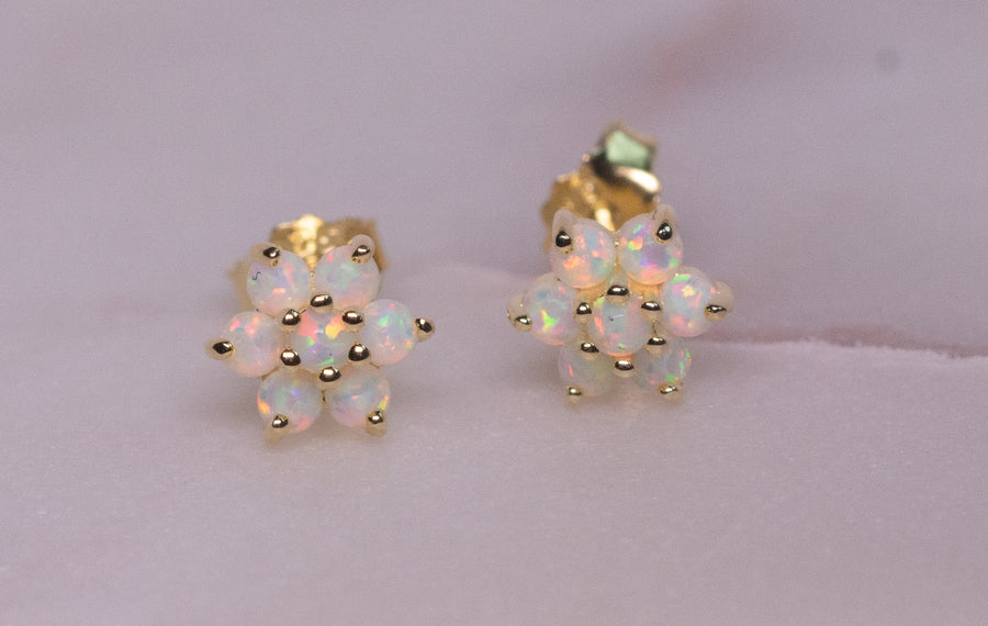 white opal flower gold stud earrings