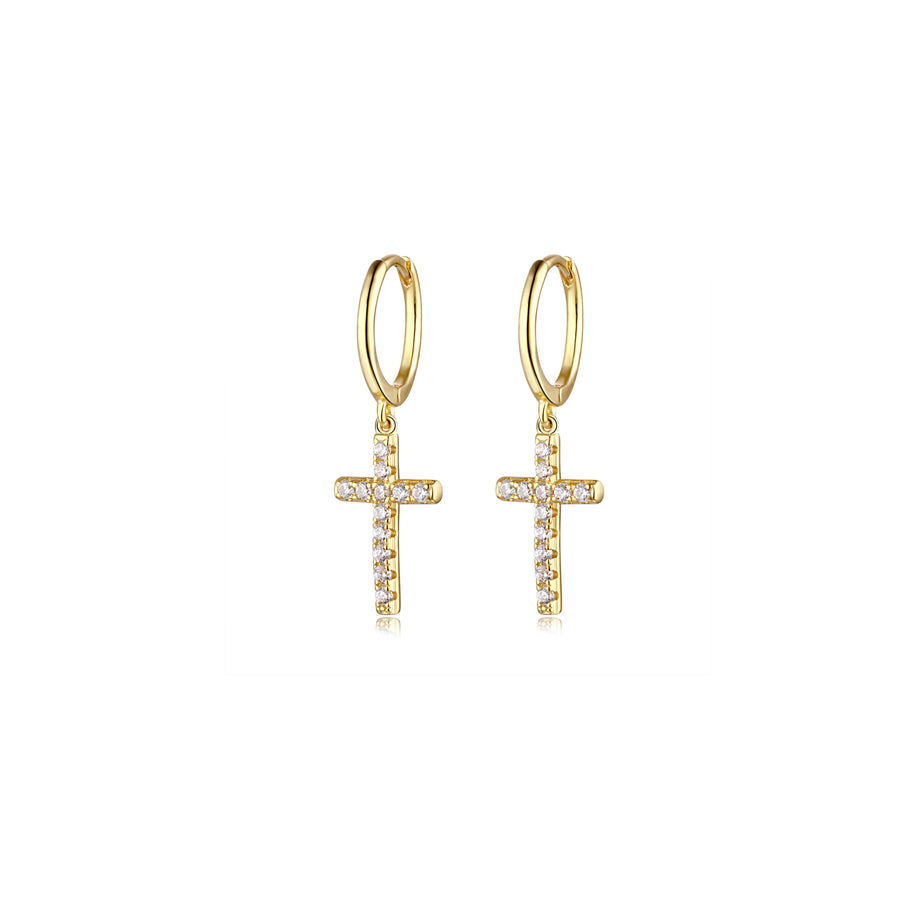 Pair of gold cross charm small hoop earrings