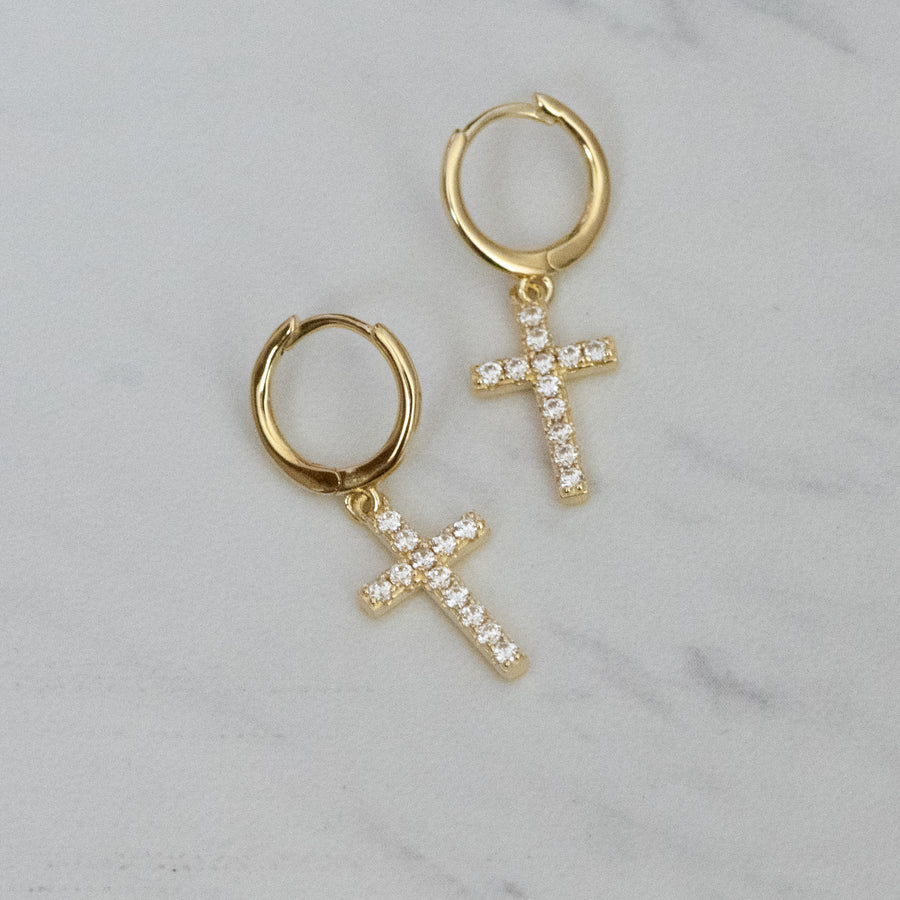 gold cubic zirconia cross charm huggie hoop earrings