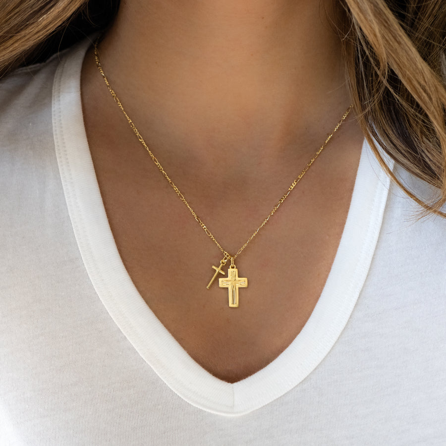 figaro chain necklace featuring two cross charms