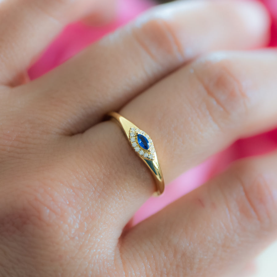 gold cz blue evil eye ring