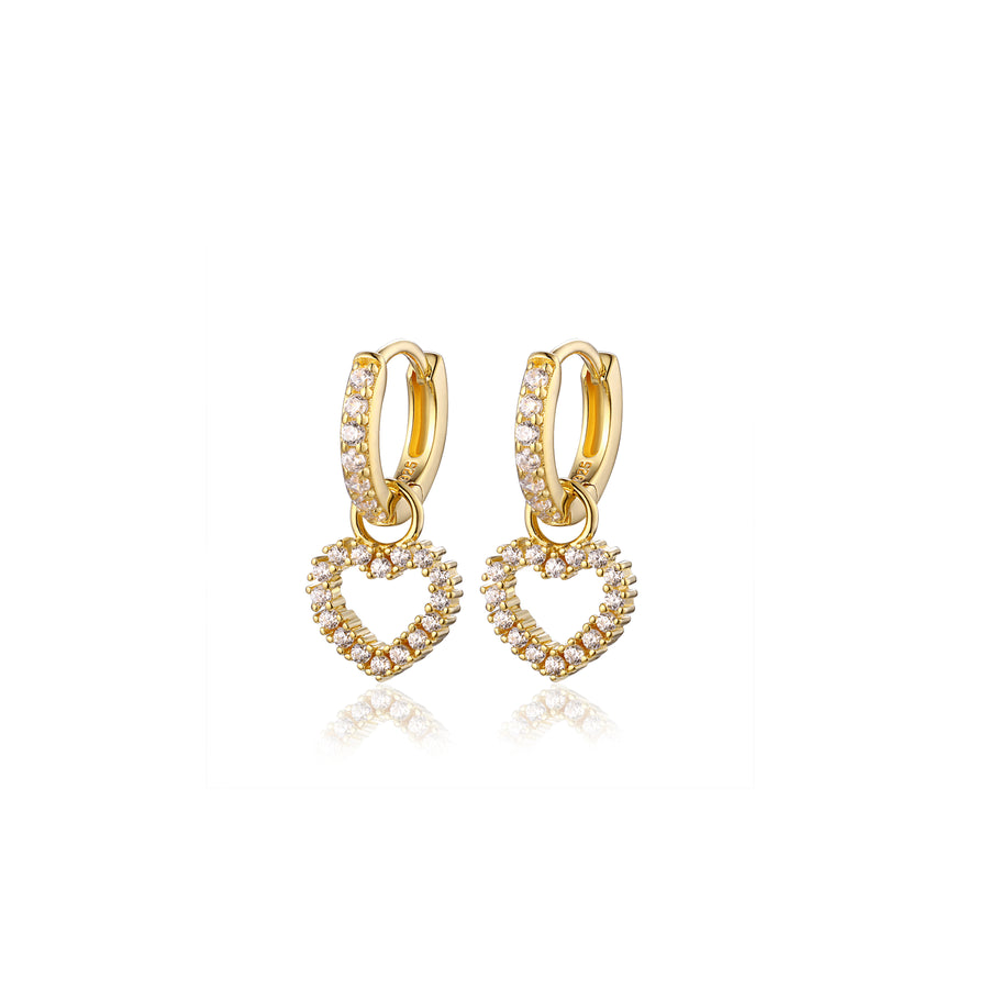 a pair of gold, pave heart charm small hoop earrings 
