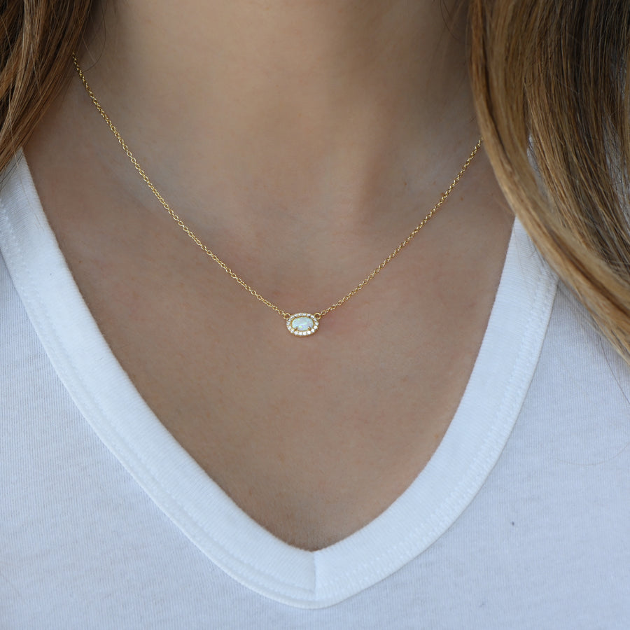 oval halo cz opal necklace