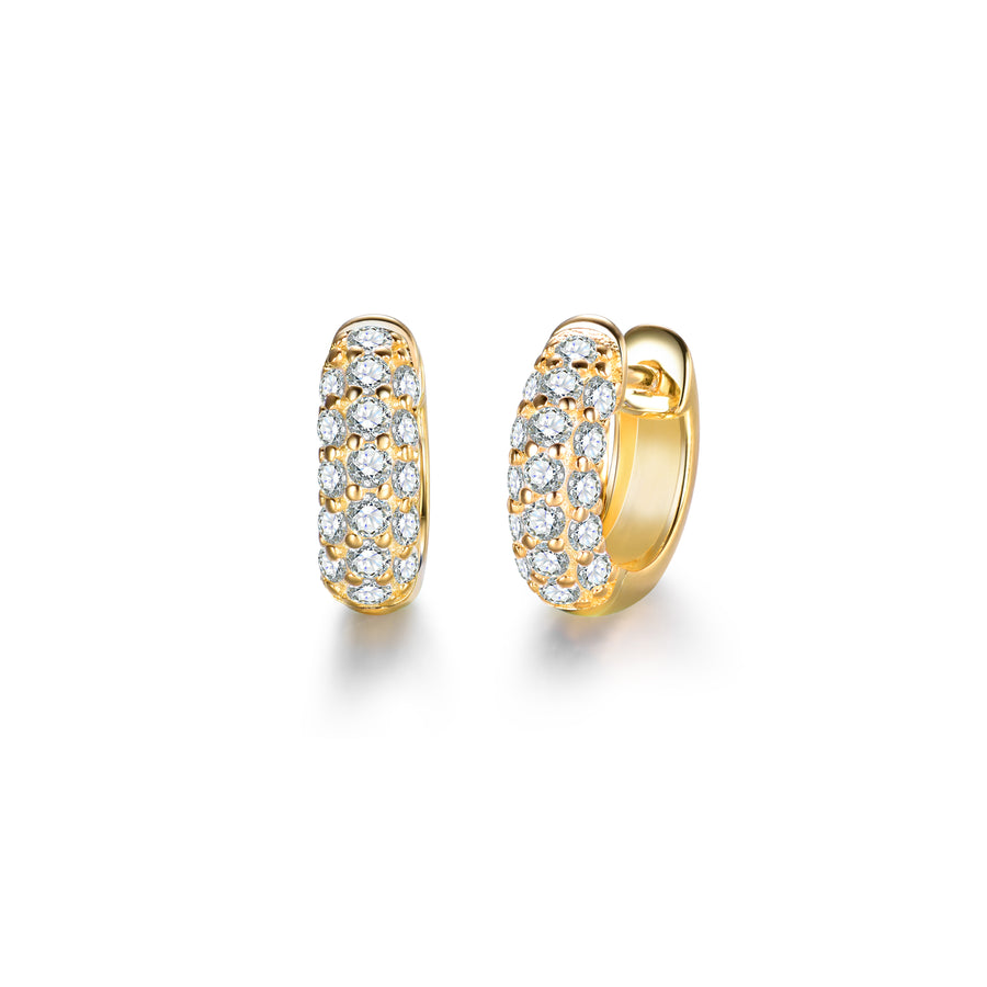 a pair of small, gold earrings made of pave cubic zirconia stones