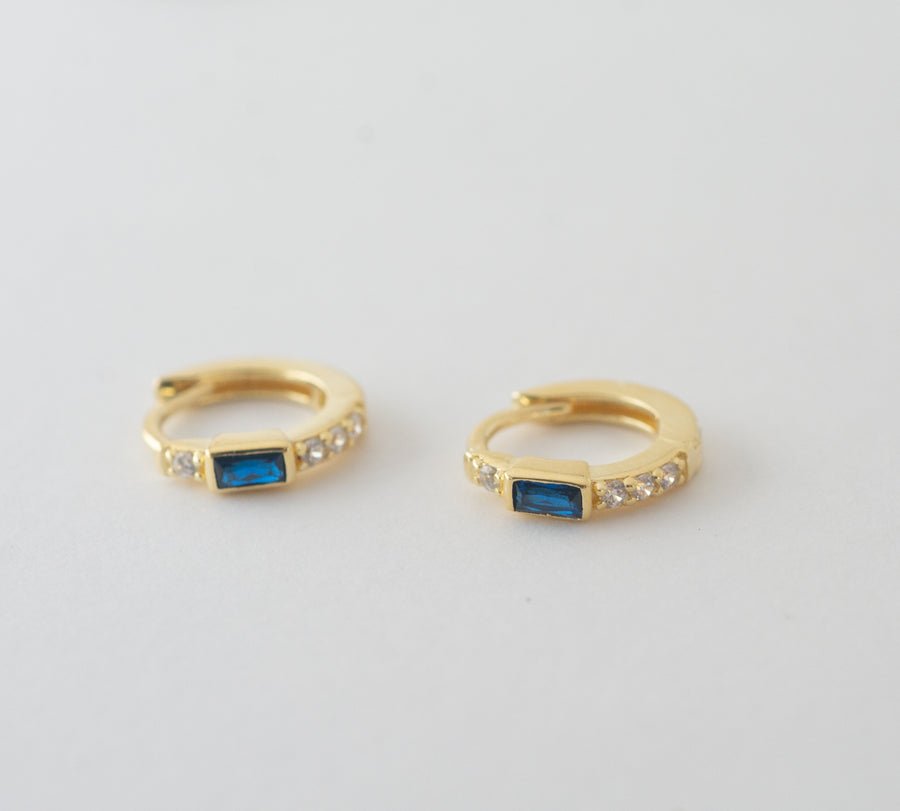 gold sapphire blue small hoop huggie earring