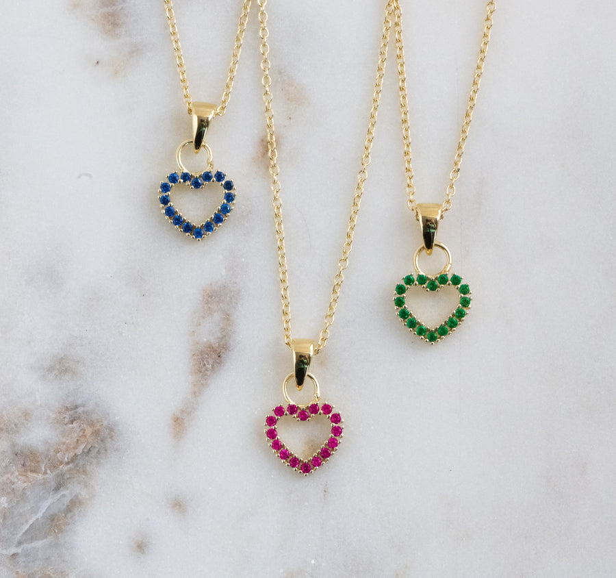ruby, sapphire and emerald heart necklace