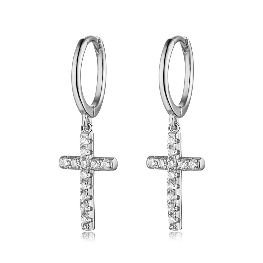 silver pave cross charm huggie hoop earrings