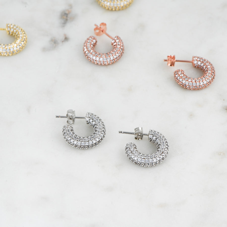 silver and rose gold studded pave hoop earrings
