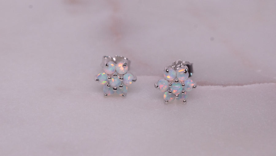 silver opal flower earrings