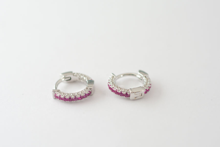 silver diamond ruby huggie earrings