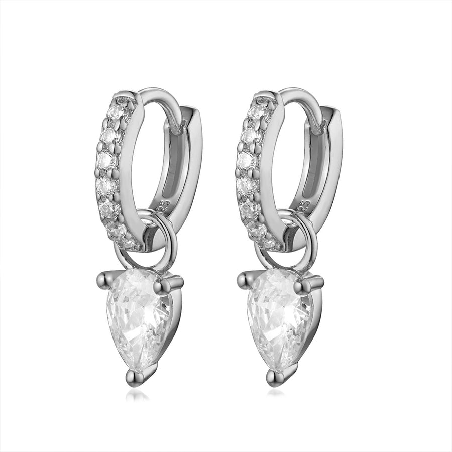silver tear drop charm huggie earrings