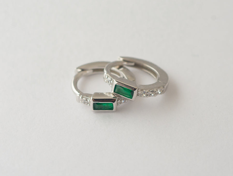 silver emerald baguette huggie hoop earrings