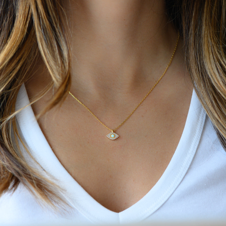 Mother of Pearl Evil Eye Pendant Necklace, Gold Gemstone White Blue Ev –  Ewelina Pas Jewelry